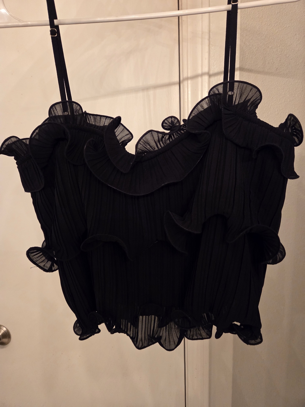 Lush Black Ruffled Pleated Camisole with Spaghetti Straps